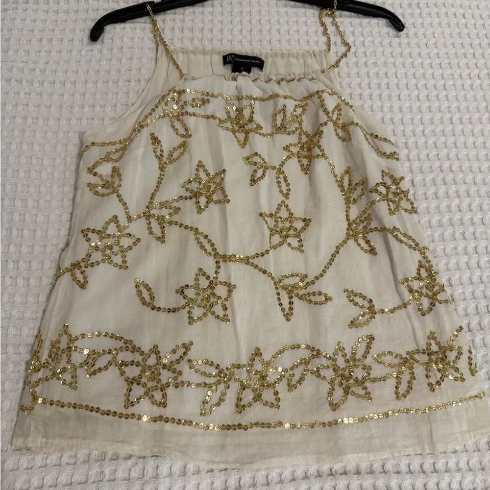 Vintage INC Crocheted with Gold sequins natural cotton gold chain halter top